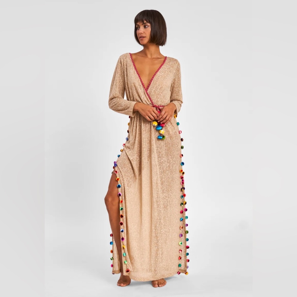 Pitusa Santorini Maxi Dress with Colorful Pom Poms